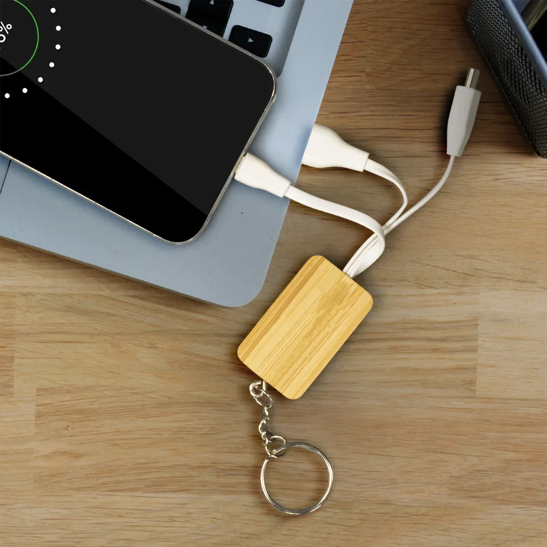 Trends Bamboo Charging Cable Rectangle Eco Key Ring - Image 2